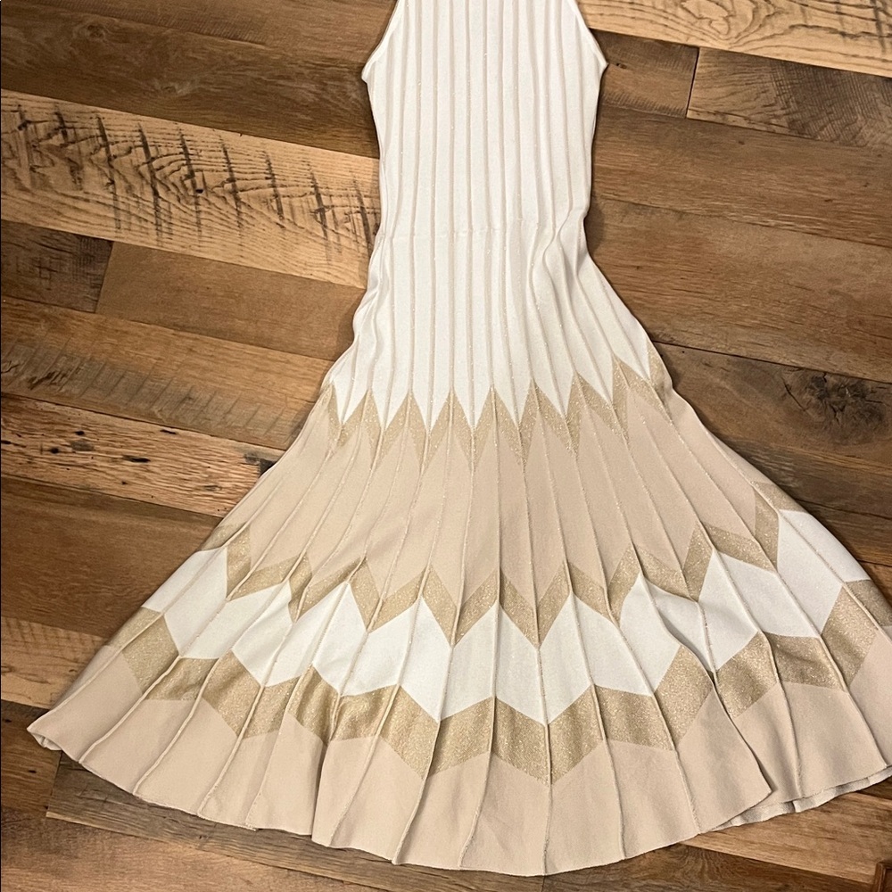 Elegant Beige and White Chevron Dress